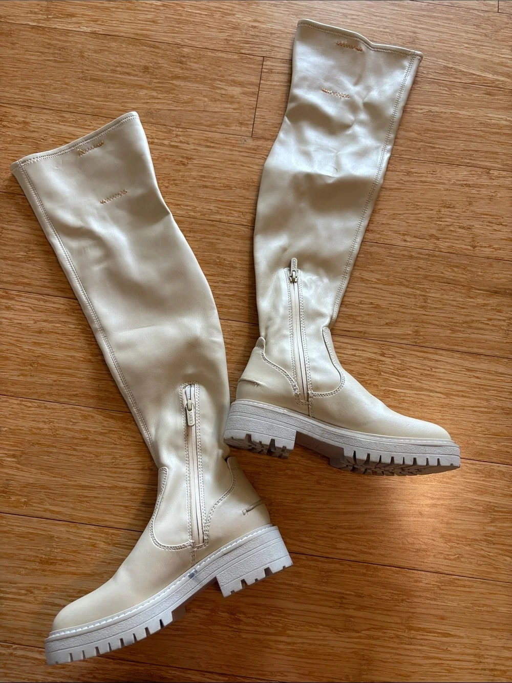 Franco Sarto Fera Cream Over The Knee Lug Sole Boots size 5.5M neutral classic